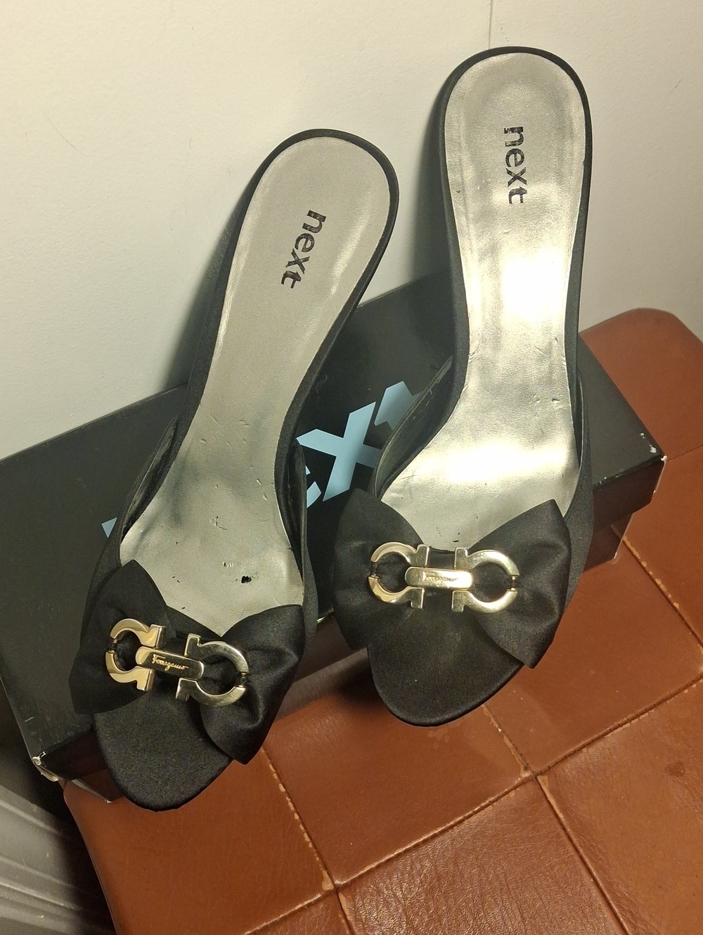 Upcycle Ferragamo next Black Satin Slip-On Mules with Gold Buckle Bow